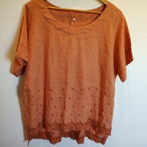MInibee Top Womens 2XL Linen Boho Lagenlook Embroidered Hippie Floral